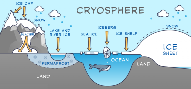 The cryosphere is the part of theEarth’s climate system that includes solid precipitation, snow, sea ice, lake and river ice, icebergs, glaciers and ice caps, ice sheets, ice shelves, permafrost, and seasonally frozen ground. The term “cryosphere” traces its origins to the Greek word ‘kryos’ for frost or ice cold. The cryosphere extends globally, existing seasonally or perennially at most latitudes, not just in theArctic, Antarctic, and mountain regions, and in approximately one hundred countries. The largest continental ice sheets are found in Antarctica. Approximately70% of the Earth’s freshwater exists as snow or ice.