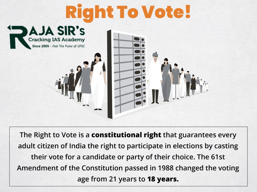 The right to vote in the Constitution of India is guaranteed under Article 326. This article states that "the elections to the House of the People and to the Legislative Assembly of every State shall be on the basis of adult suffrage; that is to say, every person who is a citizen of India and who is not less than 18 years of age on such date as may be fixed in that behalf by or under any law made by the appropriate Legislature and is not otherwise disqualified under this Constitution or any law made by the appropriate Legislature on the ground of non-residence, unsoundness of mind, crime or corrupt or illegal practices, shall be entitled to be registered as a voter at any such election."