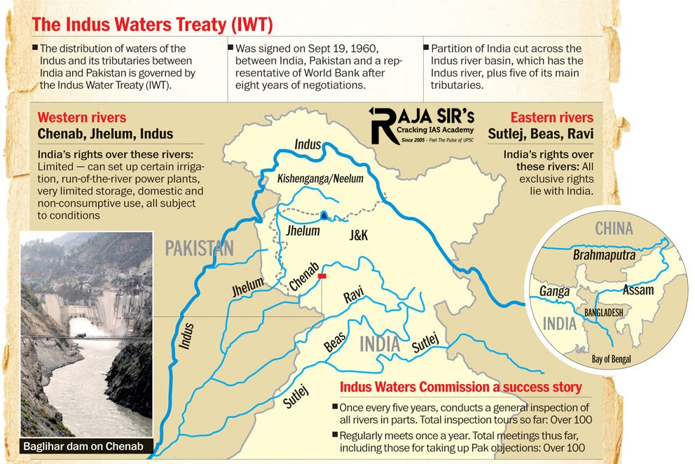 Indus Waters Treaty  India and Pakistan signed the IWT in September, 1960 after nine years of negotiations,with the World Bank being a signatory to the pact. The treaty sets outa mechanism for cooperation and information exchange between the two sides on the use of the water of the Indus River and its five tributaries Sutlej, Beas, Ravi, Jhelum, and Chenab.