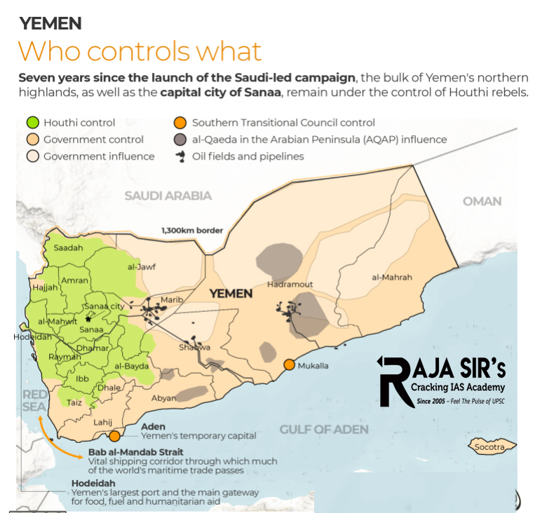 Houthis: The Houthi rebels, also known as Ansar Allah, are a Zaidi Shia group from northern Yemen. They’ve been in conflict with the Yemeni government since 2004. They took control of the Yemeni capital, Sanaa, in 2014. 