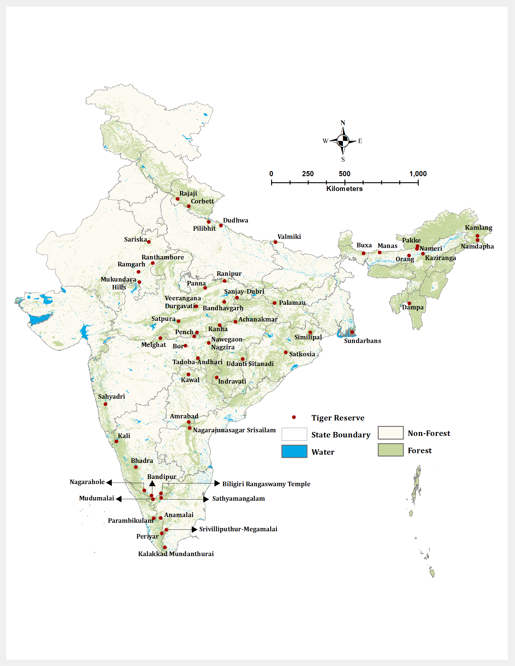 Map showing locations of Tiger Reserves in India